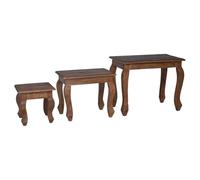 Table gigogne 3 pièces marron en bois massif acajou avec finition rustique, différentes tailles, emboîtable peu encombrante, idéale comme table d'appoint, table basse