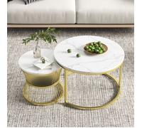 Table Gigogne Salon Marbre, Tables Basses Rondes Ensemble,Table d'appoint, Finition texturée imitation marbre pour le salon,Doré