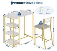 Table haute avec tabourets - Ensemble de table haute en 3 pièces - Extension rabattable - Plateaux de rangement - Pour 2 personnes - Structure en métal - Blanche