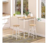 Table Haute Cuisine avec 2 Tabourets et Étagère de Rangement - TCQPZ - en MDF et Métal Blanc et Chêne 80 × 50 × 90 cm