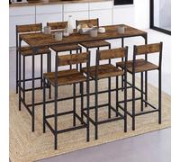 IDMarket – Ensemble table haute DAYTON 150 cm, 6 tabourets dossier effet vieilli design industriel