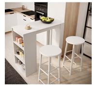 Table haute de bar avec deux tabourets | 110 x 103 x 50 cm | Couleur Blanc mat | Table de cuisine avec 3 étagères | Modèle Kyra