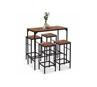 Table haute de bar DAYTON 100 cm et 4 tabourets bois foncé effet vieilli et noir design industriel
