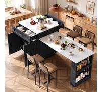 Table haute extensible avec tiroirs pour salon | Longueur réglable de 133 à 202 cm, deux tiroirs, quatre compartiments et étagère à épices