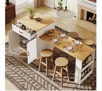 Table Haute Extensible Cuisine,Avec 2 tiroir & 4 Portes,Table bar avec bande LED,Îlot Cuisine Fixe,60-113×70×95,5cm,Blanc