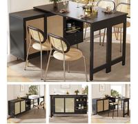 Table haute tournante 360° et extensible 107 cm - Avec rangement porte en rotin, étagère ouverte, pour cuisine et salle à manger
