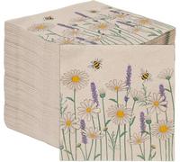 Table Kind 100 x Serviettes en papier souples en vrac, motif marguerites, fleurs, abeilles, jetables, pour fête, mariage, quotidien, kraft, non blanchies, fabriquées dans l'UE, 2 plis, 33 cm