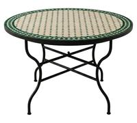 Table marocaine en mosaïque Marrakech beige et vert, 120 cm, Ø 120 cm, hauteur 75 cm, table de jardin pliante en fer forgé, table de bistrot fabriquée à la main avec un motif géométrique beige et vert