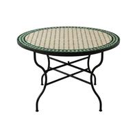 Table marocaine en mosaïque Marrakech beige et vert, 120 cm, Ø 120 cm, hauteur 75 cm, table de jardin pliante en fer forgé, table de bistrot fabriquée à la main avec un motif géométrique beige et vert