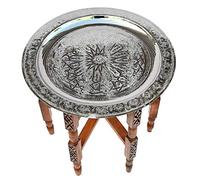 Table orientale en laiton argenté, plateau en bois de cèdre Ø 50 cm pour votre salon | Antique Vintage Marocain Table d'appoint Table basse 100 % artisanale traditionnelle