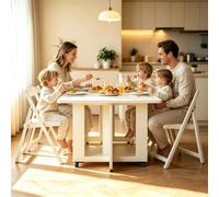 Table Pliante Bois Blanc 1.4m 4 tabourets Rangement sièges 4-8 | Bois massif extensible à abattant Armoire tiroir intégrés Tabourets pliants Sièges 4-8 Idéal pour petites cuisines salons