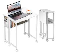 Table pliante - Bureau pliable sur roulettes - Largeur : 63 cm - Structure en métal - Rangement intégré - Sac de rangement - Blanc