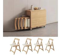 Table Pliante en Bois Peu Encombrante avec 4 Chaises Rembourrées,Tiroir Intégré,4 Roues Robustes,Ensemble De Salle À Manger Pliable for Appartement Ou Maison Mobile