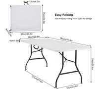 Table pliante en plastique - 180 x 76 x 74 cm - Structure en métal - Poignée de transport - Pour 8 personnes - Adaptée pour une utilisation intérieure et extérieure - Blanche