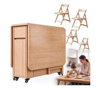 Table Pliante Interieur, Table À Manger Extensible 4 A 6 Personne | Roulettes Et 4 Chaises, Tables Pliante Avec Chaise, For Cuisine Salle Manger Salon(Original wood)