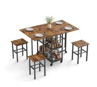 Table pliante Mondeer avec 4 tabourets et tablettes, ensemble de salle à manger mobile à 6 roulettes pour la cuisine et le salon, 120 x 70 x 75 cm, brun rustique