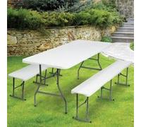 Table pliante portable 180 cm et 2 bancs pliables pour camping buffet Blanc G