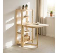 Table pliante pour repas – Table de cuisine avec 3 étagères de rangement – Bois d'hévéa massif – Gain de place