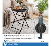 Table pliante - Table ronde d'extérieur, diamètre 60 cm - Structure en métal - Pliable et transportable - Convient pour l'intérieur et l'extérieur - Pour 4 personnes - Noir