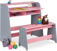 Table pour enfant Relaxdays avec banc, 2 compartiments, bureau pour enfant réglable en hauteur, H x l x P : 88 x 90 x 48 cm, rose/gris