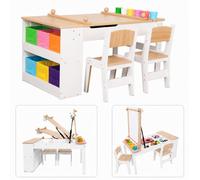 Table pour enfants 3-en-1 en bois GINGER HOME, comprenant 2 chaises, un tableau, un compartiment de rangement et un rouleau de papier, dimensions : 109 x 60 x 55 cm