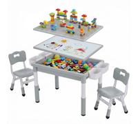 Table pour enfants avec 2 chaises - Ensemble de 3 pièces comprenant une table d'activités - Plateau réversible - Espace de rangement - Motifs de blocs de construction et de graffitis - Plastique - Gri