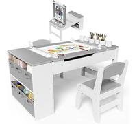 Table pour enfants avec 2 chaises, ensemble table et chaises en bois, coin repas pour enfants avec espace de rangement, table à dessin avec rouleau de papier, table de dessin et de bricolage pour les 