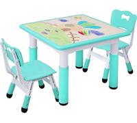 Table pour enfants avec 2 chaises, réglable en hauteur, de couleur vert menthe, de forme carrée