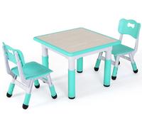 Table pour enfants avec 2 chaises - Table d'apprentissage et de jeu à hauteur réglable - Pour les enfants de 3 à 8 ans - Forme carrée - En plastique - Turquoise