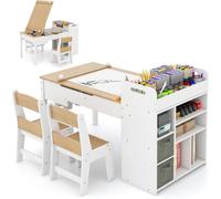 Table pour enfants avec 2 chaises, table de coloriage 3 en 1 avec plateau inclinable, espace de rangement, boîtes de rangement en tissu, rouleau de papier, thème nature