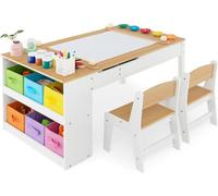 Table pour enfants avec 2 chaises, table de dessin avec plateau inclinable, 6 boîtes de rangement en tissu, rouleau de papier, espace de rangement, style nature