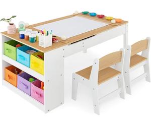 Table pour enfants avec 2 chaises, table de dessin avec plateau inclinable, 6 boîtes de rangement en tissu, rouleau de papier, espace de rangement, style nature