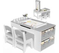 Table pour enfants avec 2 chaises - Table de dessin et de bricolage pour enfants - Bois - Réglable en hauteur - Chevalet avec rouleau de papier - Rangement avec 6 boîtes et 5 gobelets - Gris/Blanc