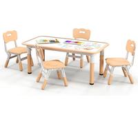 Table pour enfants avec 4 chaises avec plateau graffiti. Groupe de sièges pour enfants réglable en hauteur naturel.
