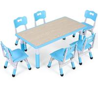 Table pour enfants avec 6 chaises - Ensemble de table d'activités pour enfants - Hauteur réglable de 48 à 60 cm - 7 pièces - Plastique et bois - Bleu