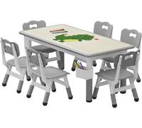 Table pour enfants avec 6 chaises - Hauteur réglable - Plateau de table lavable - Boîte de rangement - Pieds antidérapants - Ensemble de 7 pièces - Gris