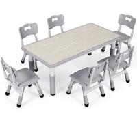 Table pour enfants avec 6 chaises - Table d'activité et de dessin réglable en hauteur - 120 x 60 cm - Ensemble de 7 pièces - Matériau composite plastique-bois - Gris
