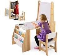 Table pour enfants avec chaise et chevalet, ensemble de sièges pour enfants en bois avec tableau blanc, tableau noir et étagère à livres, table de dessin avec rouleau de papier et accessoires, ensembl