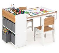 Table pour enfants COSTWAY avec 2 chaises, 4 compartiments, 6 paniers en tissu et un rouleau de papier, table de dessin pour enfants, idéale pour écrire, jouer et apprendre, parfaite pour les chambres