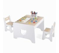 Table pour enfants COSTWAY avec 2 chaises, bureau pour enfants avec 2 tiroirs, chaise pour enfants avec dossier et poignée, ensemble de sièges pour enfants, couleur naturelle