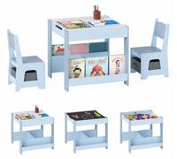 Table pour enfants COSTWAY avec 2 chaises, ensemble de mobilier pour enfants en bois comprenant une table avec plateau, des étagères, des tiroirs en tissu. Table de dessin pour enfants, ensemble de si
