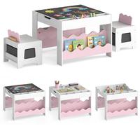 Table pour enfants COSTWAY avec 2 chaises, ensemble de sièges pour enfants, table de dessin pour enfants 4 en 1 avec plateau, étagère à livres et tiroirs en tissu pour enfants à partir de 3 ans, rose