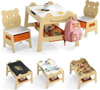 Table pour enfants COSTWAY avec 2 chaises, table à dessin 5 en 1 avec tableau noir, tableau blanc, 4 crochets et bacs en tissu, ensemble de sièges pour enfants de 3 à 10 ans, naturel
