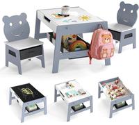 Table pour enfants COSTWAY avec 2 chaises, table à dessin 5 en 1 avec tableau noir, tableau blanc, 4 crochets et bacs en tissu, ensemble de sièges pour enfants à partir de 3 ans, gris