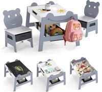 Table pour enfants COSTWAY avec 2 chaises, table à dessin 5 en 1 avec tableau noir, tableau blanc, 4 crochets et bacs en tissu, ensemble de sièges pour enfants de 3 à 10 ans, gris