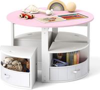 Table pour enfants COSTWAY avec 4 chaises, ensemble de sièges pour enfants en bois avec 4 tabourets de rangement et 4 tiroirs en tissu, table à dessin, ensemble de sièges pour enfants à partir de 3 an