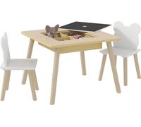 Table pour enfants en bois avec 2 chaises - Ensemble - Avec compartiments - Tableau blanc amovible - 60 × 60 × 44 cm - MDF et pin - Naturel et blanc