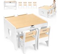 Table pour enfants Mamabrum avec 4 chaises Ours – Blanc/Naturel, grande table en bois avec 2 tiroirs, ensemble de meubles pour enfants en MDF, à partir de 3 ans