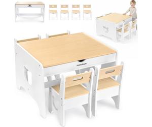 Table pour enfants Mamabrum avec 4 chaises Ours – Blanc/Naturel, grande table en bois avec 2 tiroirs, ensemble de meubles pour enfants en MDF, à partir de 3 ans