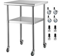 Table professionnelle en acier inoxydable - 61x61x91,4 cm - Table de travail à deux niveaux sur roulettes - Table de restauration démontable - 181,4 kg + 91 kg de capacité de charge - Table de cuisine
